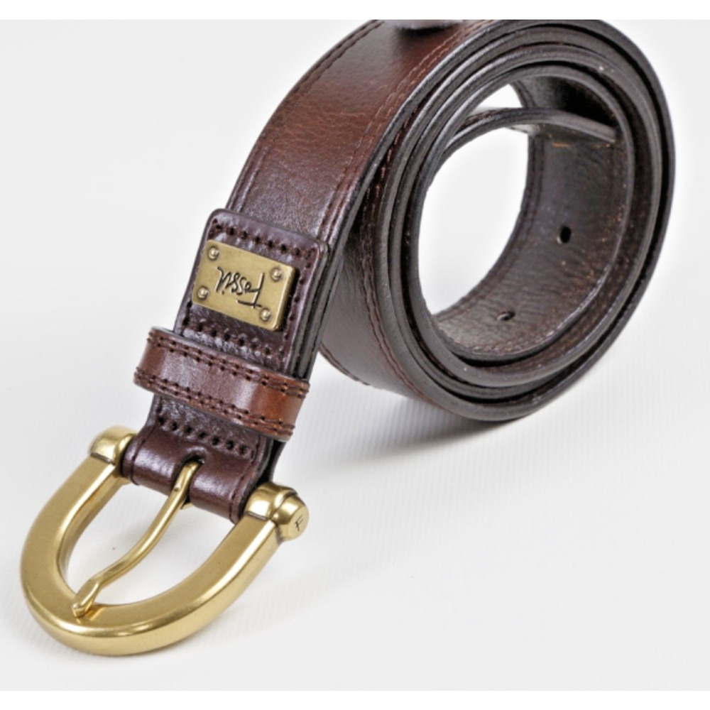 Vintage Fossil Belt Brown Leather Brass Horseshoe Buckle Size L Boho
